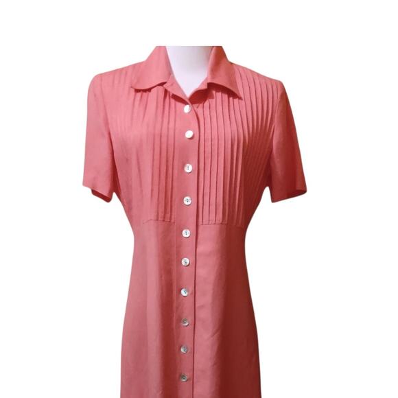 Long Linen Blend Midi Dress 6 Short Sleeves Pin Tucks‎ Retro Party Romantic Pink - Picture 3 of 11